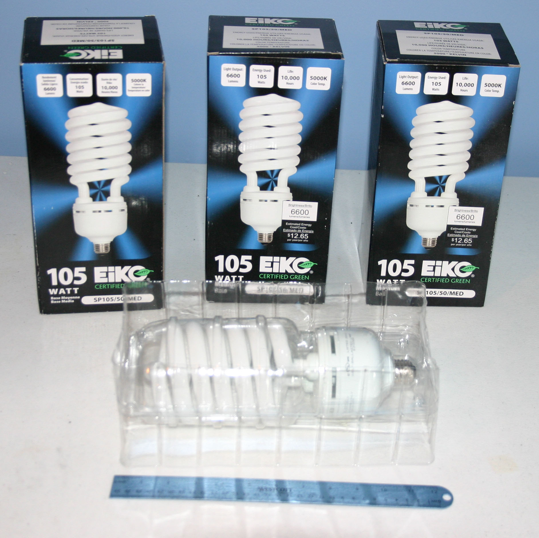 Four EiKO Model SP105/50/MED Spiral Compact Fluorescent Light Bulbs